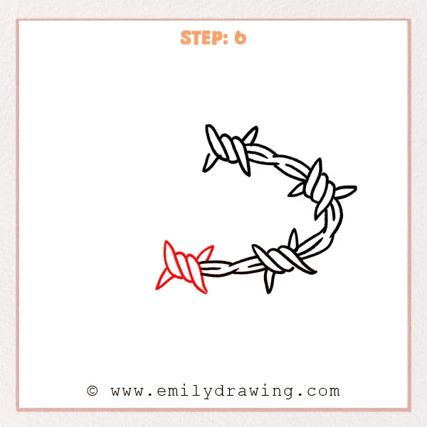 how to draw a barbed wire - Step 6: A fourth barbed knot appears on the lower left with clear overlaps and sharp barbs.